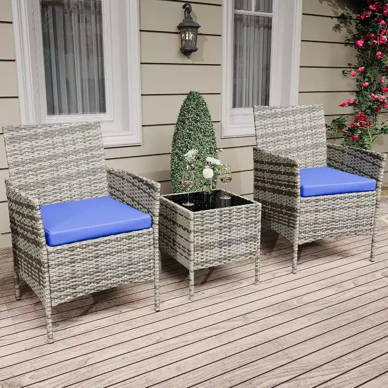 Muebles de patio de 3 piezas con 2 sillas de ratán y 1 mesa de centro de vidrio, juego de conversación para exteriores para balcón, jardín, asientos junto a la piscina