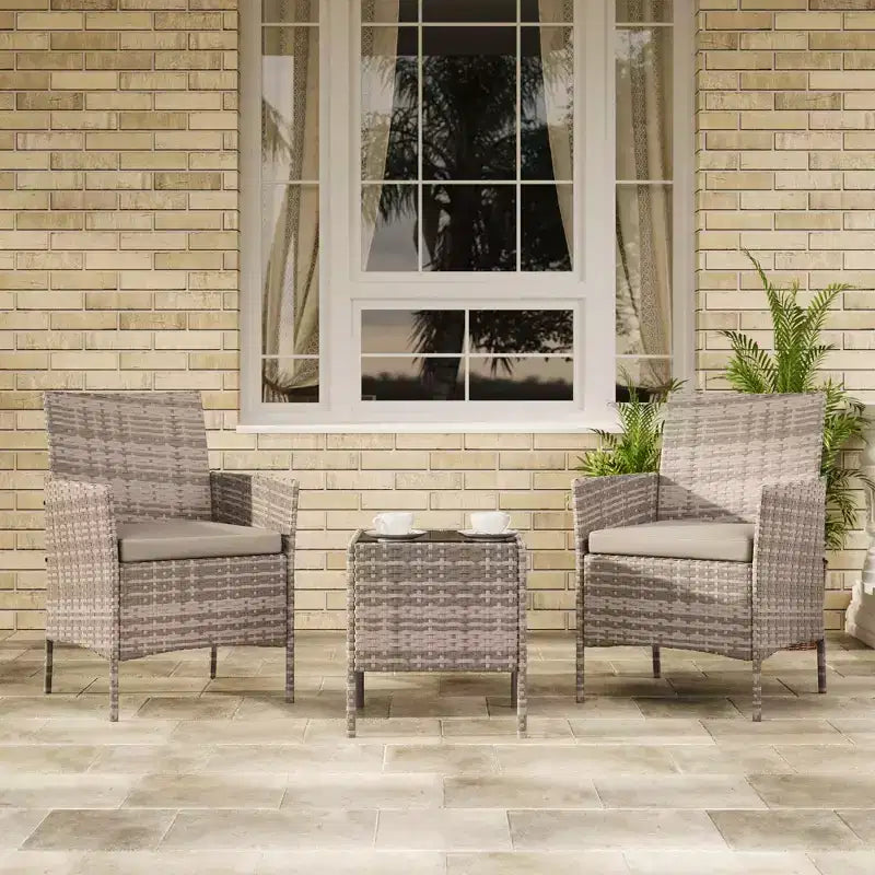Muebles de patio de 3 piezas con 2 sillas de ratán y 1 mesa de centro de vidrio, juego de conversación para exteriores para balcón, jardín, asientos junto a la piscina