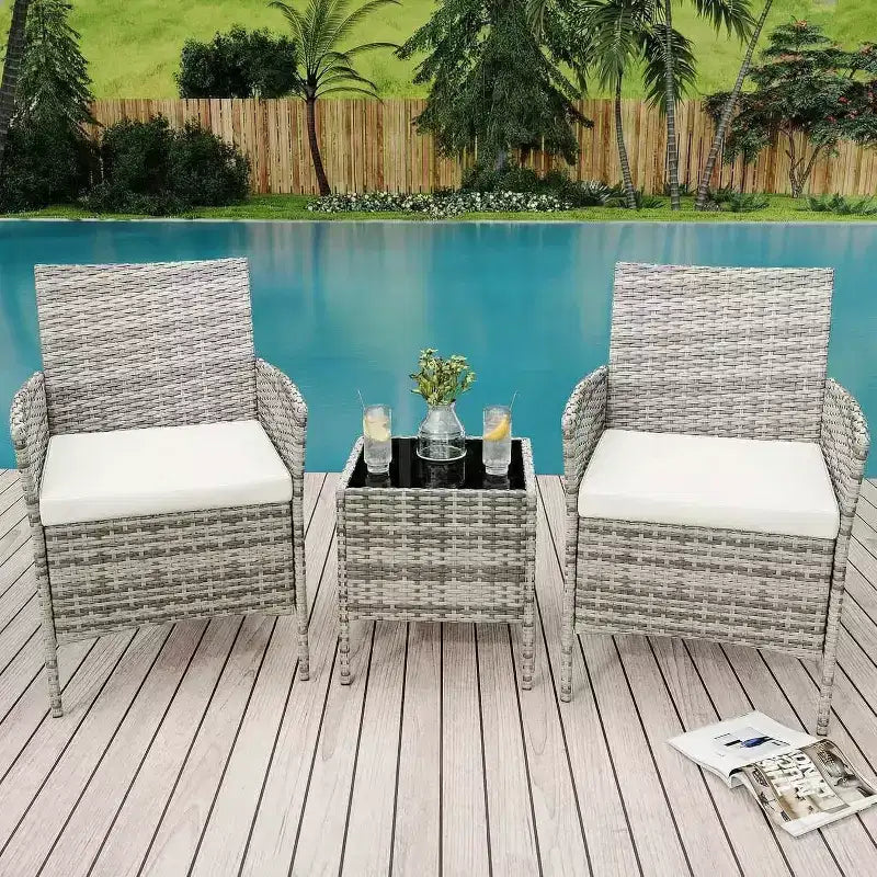 Muebles de patio de 3 piezas con 2 sillas de ratán y 1 mesa de centro de vidrio, juego de conversación para exteriores para balcón, jardín, asientos junto a la piscina