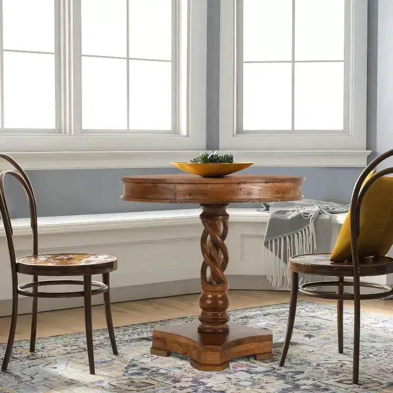Mesa de Comedor Redonda Artesanal Urban Port de 30" de Madera de Mango con Base de Pedestal Trenzado en Marrón Nogal