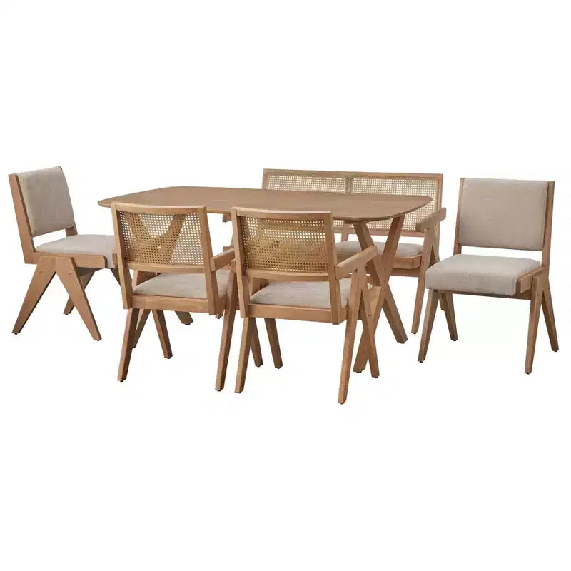 Lifestorey 6pc Baywood Mid Century Solid Wood Dining Set Light Oak/Beige
