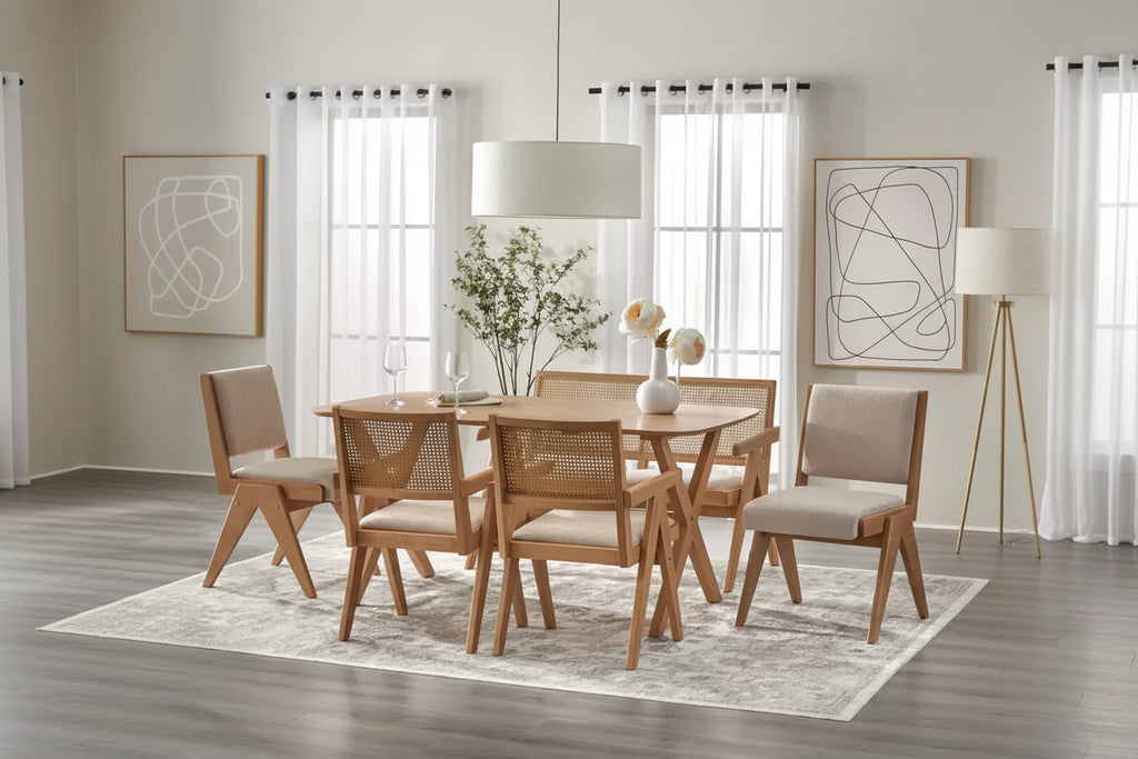 Comedor de madera maciza Baywood de 6 piezas, roble claro/beige, estilo mediados de siglo