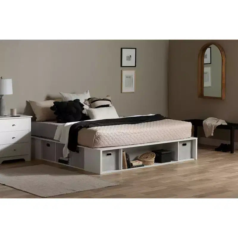 Cama con plataforma flexible King con almacenamiento South Shore con cestas, blanco puro