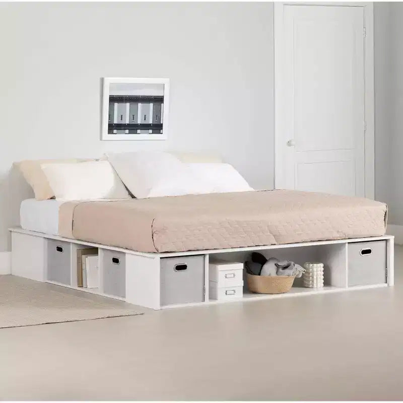 Cama con plataforma flexible King con almacenamiento South Shore con cestas, blanco puro