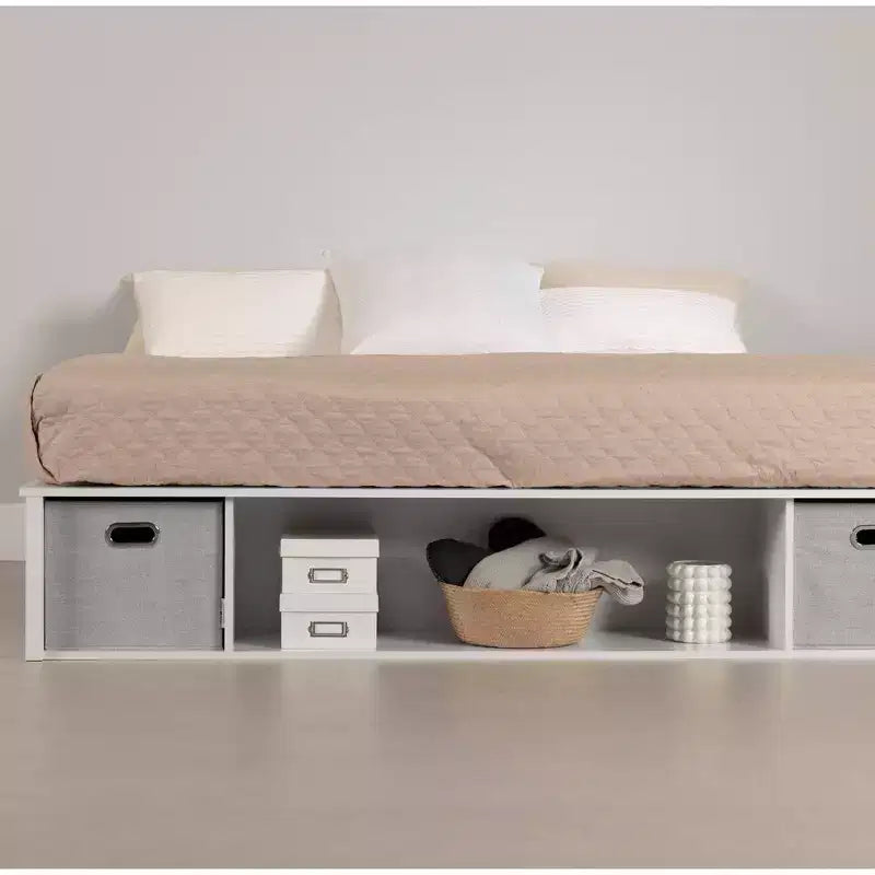 Cama con plataforma flexible King con almacenamiento South Shore con cestas, blanco puro