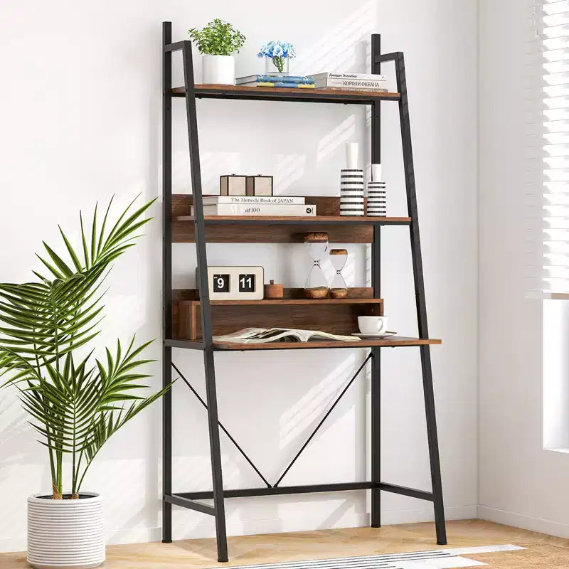 Escritorio tipo escalera Costway de 180 cm de alto con estantes abiertos, escritorio para computadora con estantería de 3 niveles, color marrón