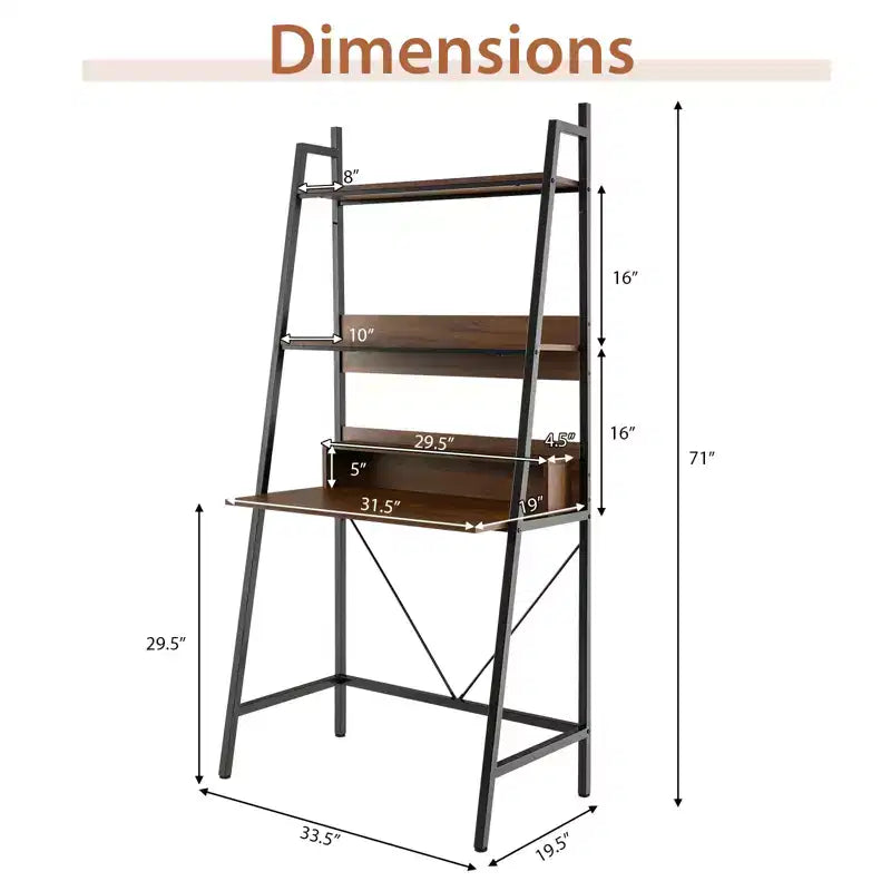 Escritorio tipo escalera Costway de 180 cm de alto con estantes abiertos, escritorio para computadora con estantería de 3 niveles, color marrón