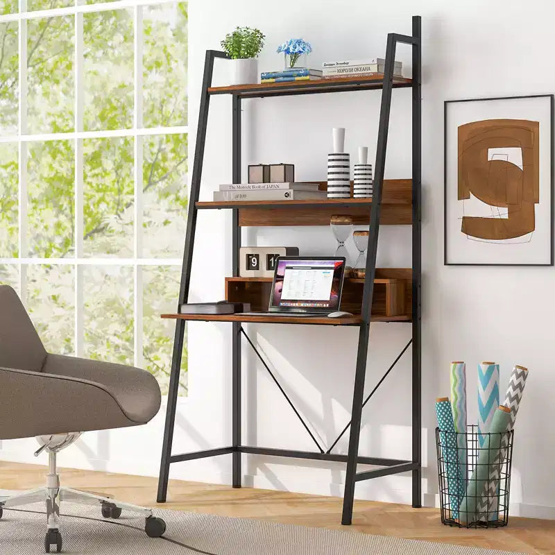 Escritorio tipo escalera Costway de 180 cm de alto con estantes abiertos, escritorio para computadora con estantería de 3 niveles, color marrón