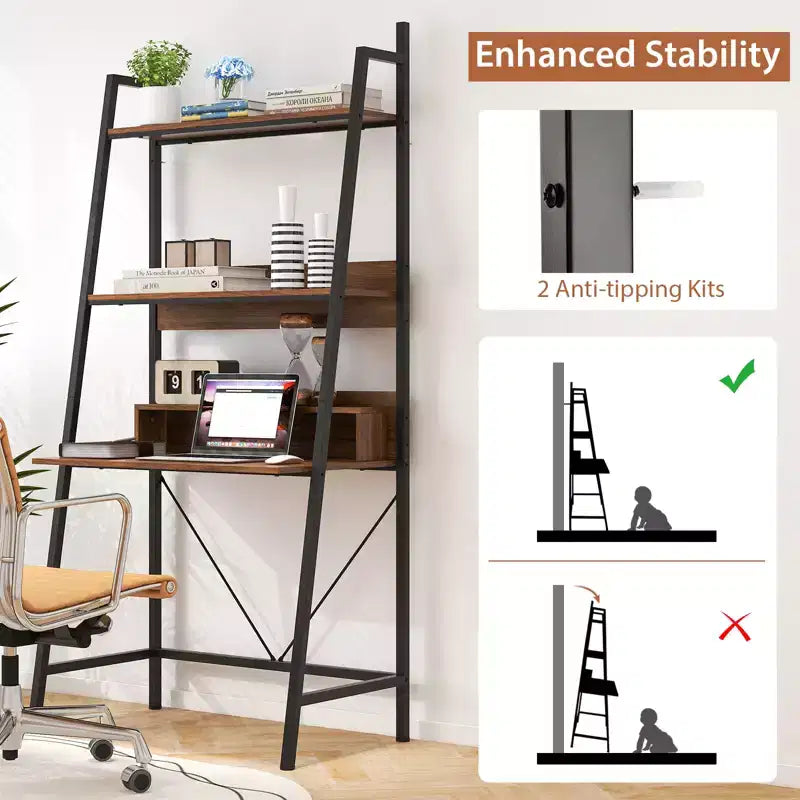 Escritorio tipo escalera Costway de 180 cm de alto con estantes abiertos, escritorio para computadora con estantería de 3 niveles, color marrón