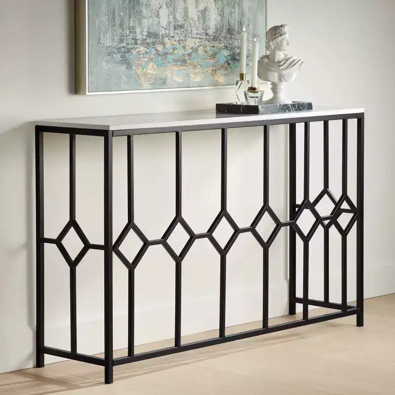 55 Downing Street Addy Mesa consola rectangular moderna de hierro 52 1/4 x 14, parte superior de piedra blanca geométrica negra para sala de estar