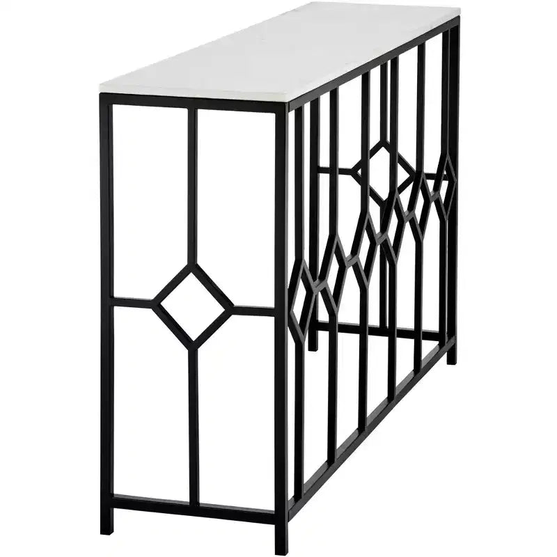 55 Downing Street Addy Mesa consola rectangular moderna de hierro 52 1/4 x 14, parte superior de piedra blanca geométrica negra para sala de estar