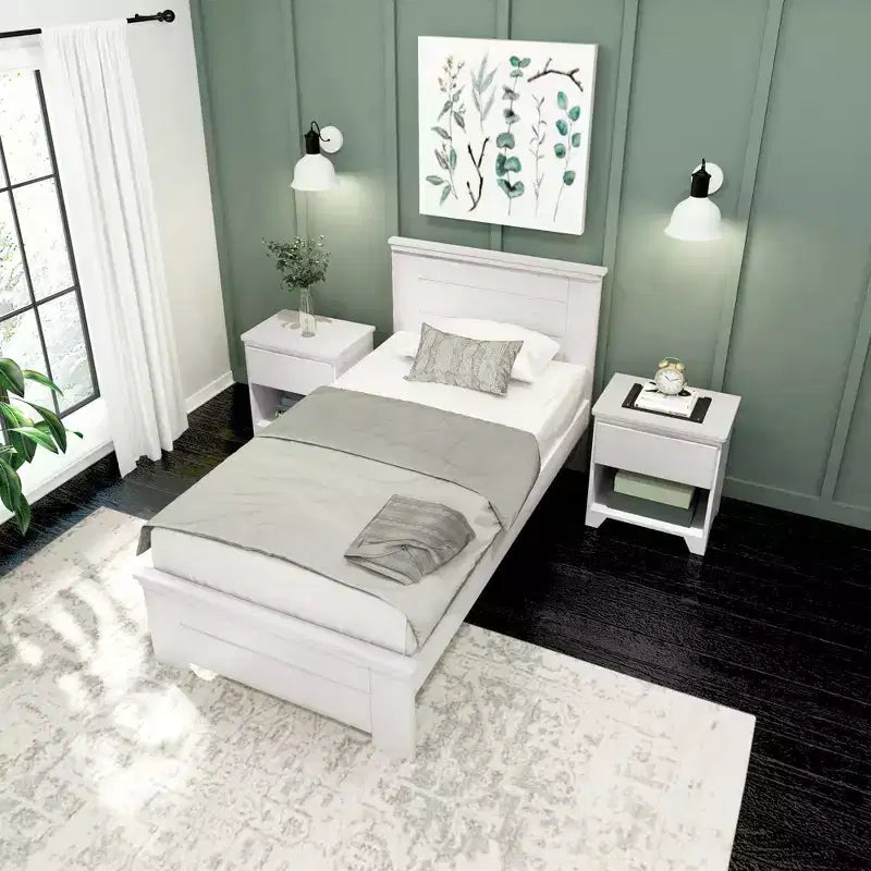 Estructura de cama individual de granja Plank+Beam con cabecero, cama de plataforma de madera maciza