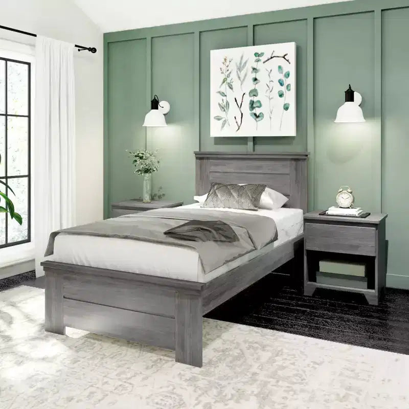 Estructura de cama individual de granja Plank+Beam con cabecero, cama de plataforma de madera maciza