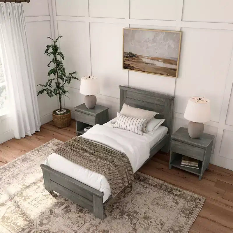 Estructura de cama individual de granja Plank+Beam con cabecero, cama de plataforma de madera maciza