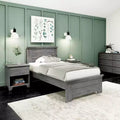 Estructura de cama individual de granja Plank+Beam con cabecero, cama de plataforma de madera maciza