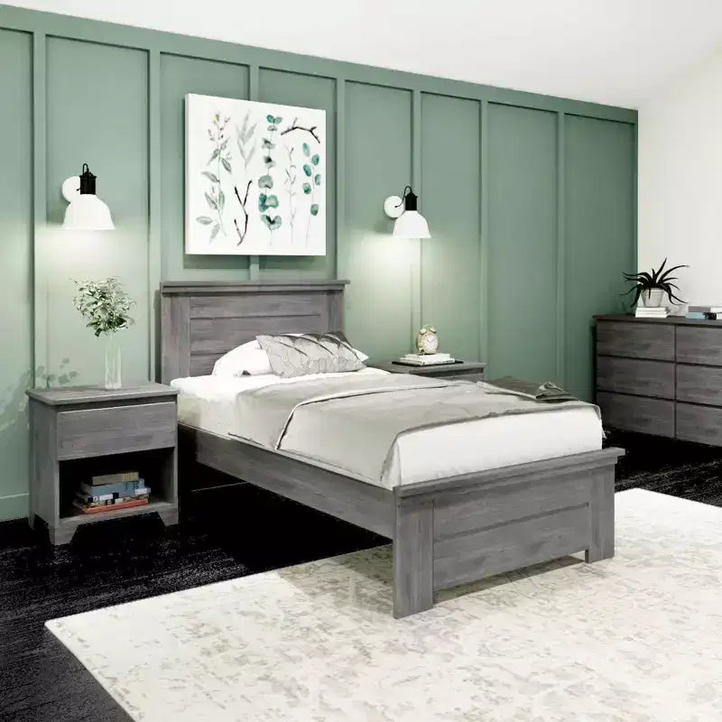 Estructura de cama individual de granja Plank+Beam con cabecero, cama de plataforma de madera maciza