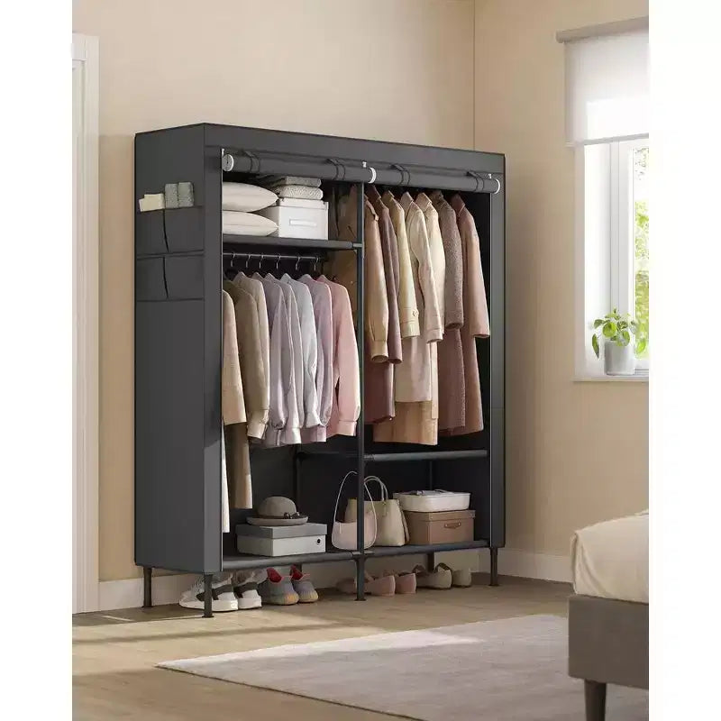 SONGMICS Armario, Armario Portátil Resistente de 165 cm, Organizador de Armario Independiente, Ropero con Funda, 2 Rieles para Colgar, Negro