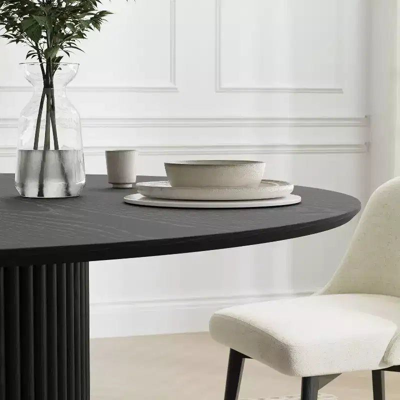 Mesa de comedor redonda Dovelina negra, de madera artificial, mesa de comedor personalizada con base de diseño
